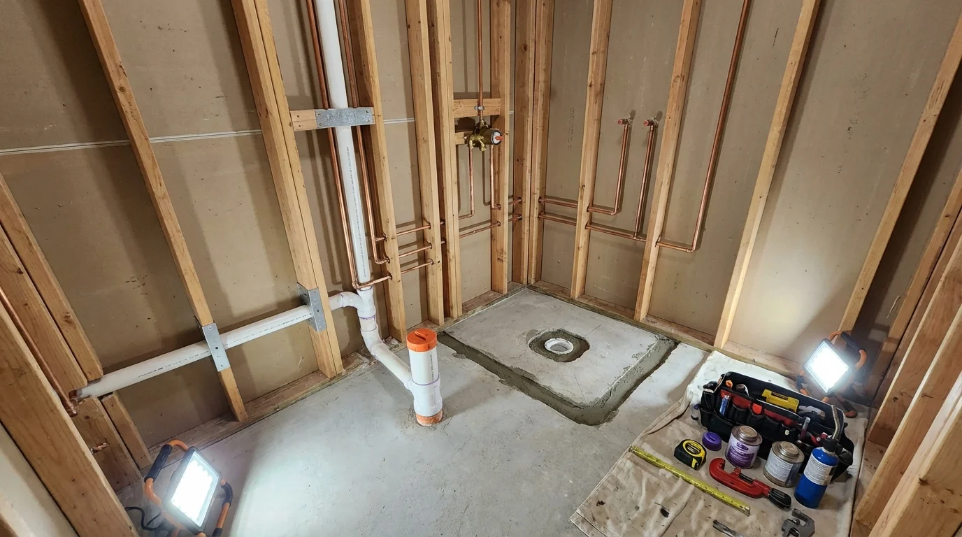Bathroom rough-in plumbing during remodel by Johns Plumbing LLC in Barboursville