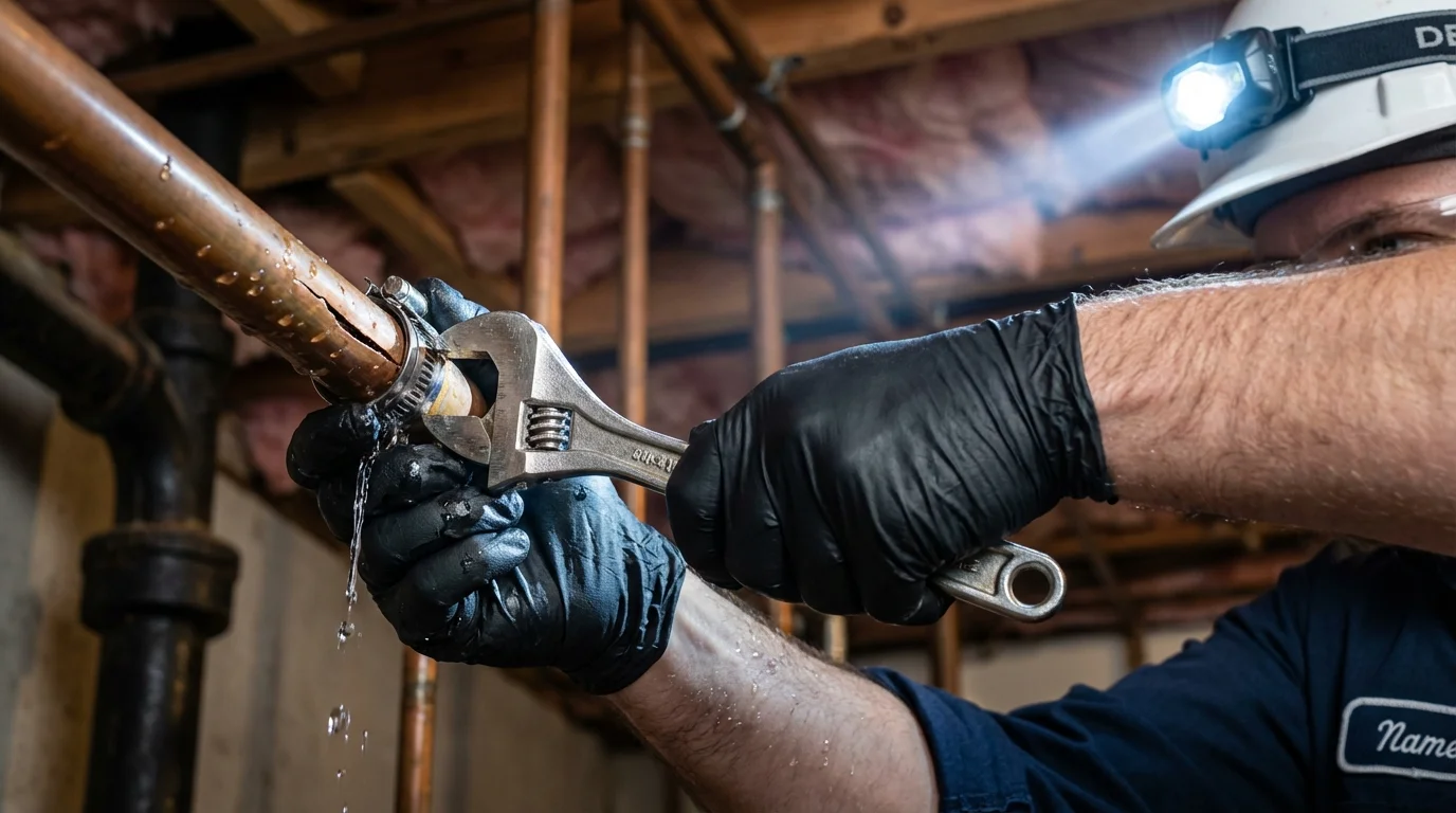 Emergency pipe clamp repair being performed by a Johns Plumbing LLC plumber in Barboursville