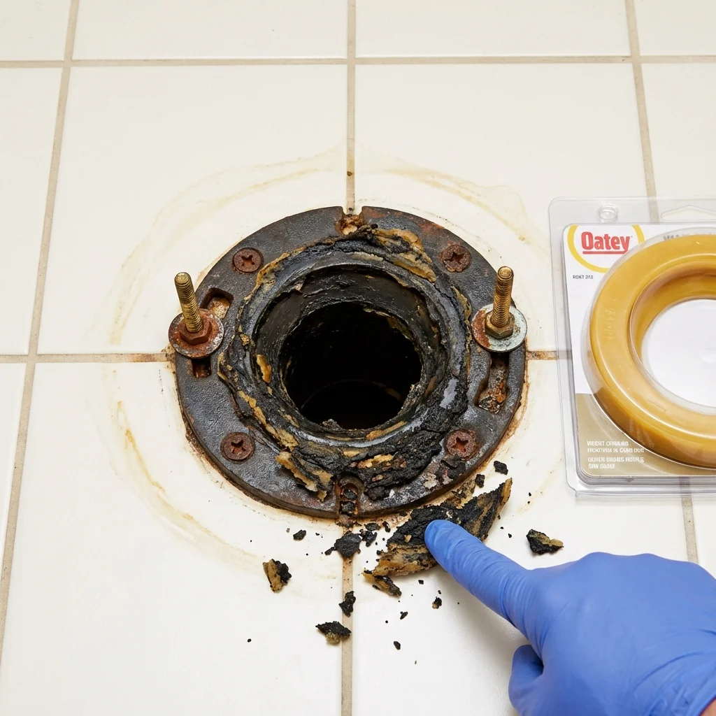 Failed wax ring showing water seepage at the base of a toilet in a Barboursville, WV home
