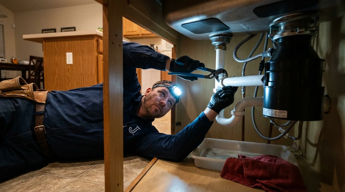 P-trap and supply line connections under a kitchen sink showing a common leak point in Barboursville, WV